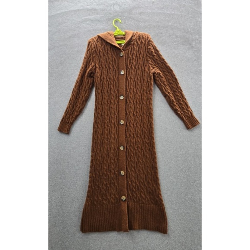 Anthropologie Women Sweater Dress S Brown Longline Cardigan Cable Knit Hooded‎